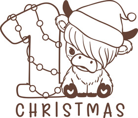 First Christmas baby Highland cow doodle hand drawing