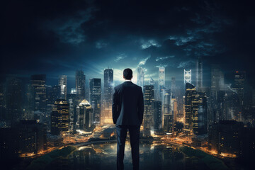 Back view of Businessman looking at night City Ai generator