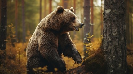 Imponente oso pardo de pie en un bosque otoñal con tonos dorados y vegetación - obrazy, fototapety, plakaty