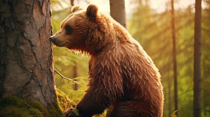 Retrato de un oso pardo reposando contra un árbol en un bosque iluminado por la luz del atardecer - obrazy, fototapety, plakaty