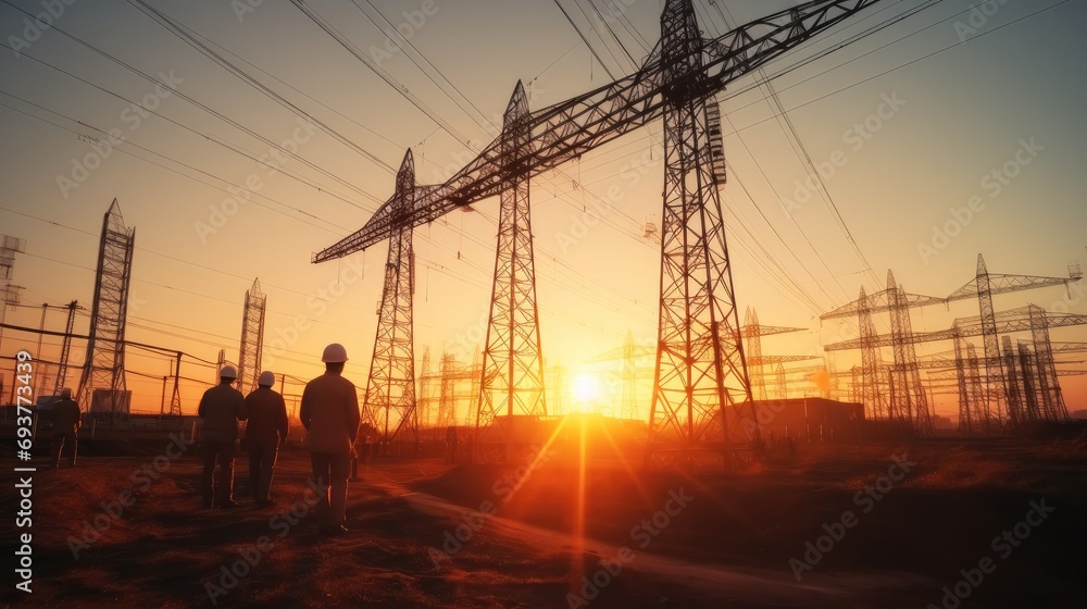 Poster silhouette workers on background of construction crews to work on construction of the extension of h