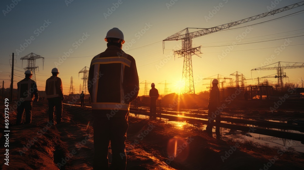 Poster silhouette workers on background of construction crews to work on construction of the extension of h
