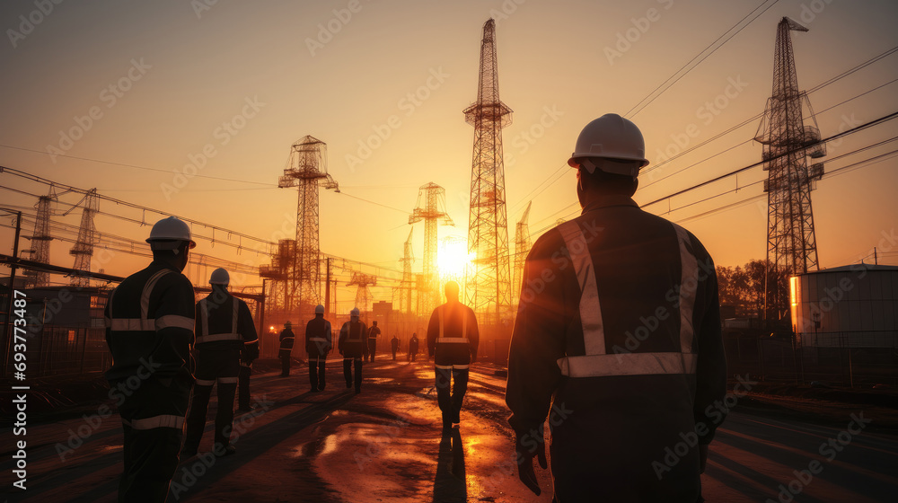 Poster silhouette workers on background of construction crews to work on construction of the extension of h