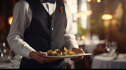 Confident waiter holding dish on hands at Restaurant background