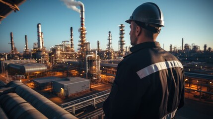 Engineer working in oil refinery plant heavy petrochemical. Generative AI.
