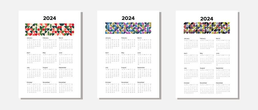 Set of three calendars for the year 2024 in bauhaus style. A3 format, printable, CMYK colors.