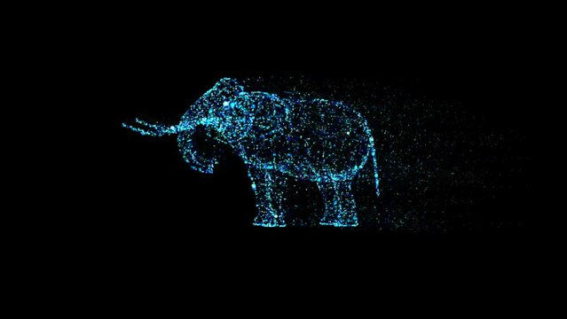 Abstract blue Elephant walking on a black background. Poly wireframe illustration. Wild animals concept. Polygonal vector art with lines and dots.