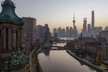 Aerial view of Shanghai at sunrise