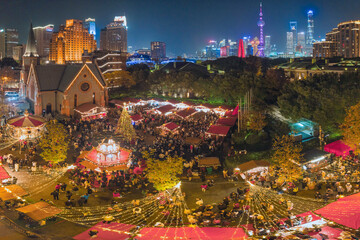 Aerial view of Christmas Market by the bund in Shanghai at night