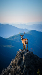 A deer is standing atop a hill in the mountains