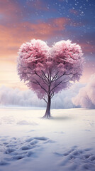 A heart-shaped pink tree standing in the snow, love and romance style