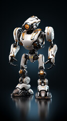 A robot standing on a dark background, in the style of dark white and light blue