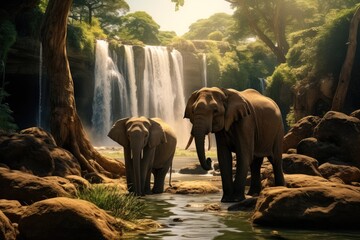 Elephants standing at a waterfall. Generative AI. - obrazy, fototapety, plakaty
