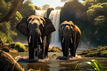 Foto op Aluminium Elephants standing at a waterfall. Generative AI. © visoot