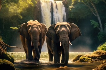 Elephants standing at a waterfall. Generative AI. - obrazy, fototapety, plakaty