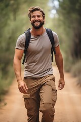 Fototapeta premium a casually dressed delightful man walking along a walking trail in summer. generative AI