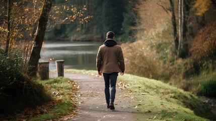 a casually dressed delightful man walking along a walking trail in autumn. generative AI