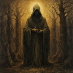 christian saint in dark forest, Generative AI