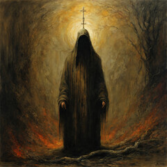 christian saint in dark forest, Generative AI