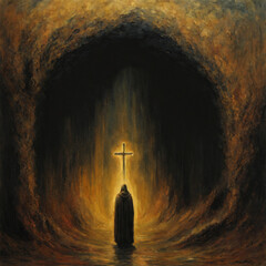 christian saint in dark forest, Generative AI