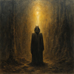 christian saint in dark forest, Generative AI