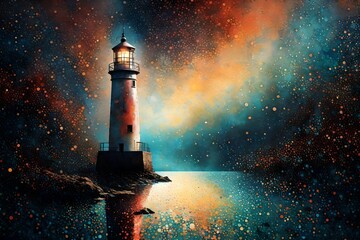 light house with shinning dot color abstract background in black color with shinning lights  - obrazy, fototapety, plakaty