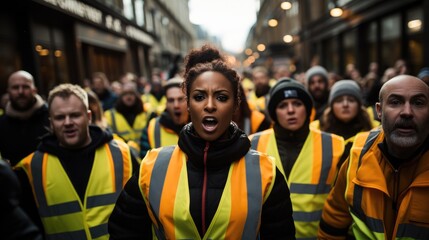 Several women and men angry dressed in yellow safety vests, Demonstrate against poverty. Generative AI. - obrazy, fototapety, plakaty