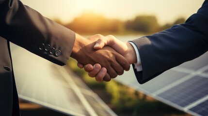 Close up of two businessmen shaking hands with a field of solar panels behind them. Generative AI.