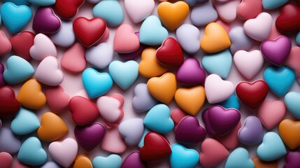Multi-colored candy hearts on a pastel rainbow gradient, Ideal for Valentine's Day card. Generative AI.