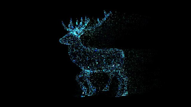 Abstract blue stag walking on a black background. Poly wireframe illustration. Wild animals concept. Polygonal vector art with lines and dots. 