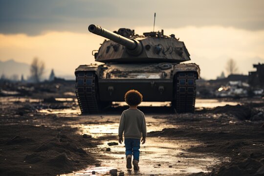 A crying black child playing with a war tank. Generative AI.