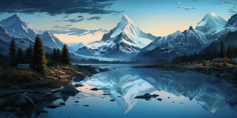 Fotobehang Mountain landscape with snow-capped peaks, lake with reflection of mountains,Zermatts Matterhorn and Stellisee Lake,a mountain lake with mountains in the background  © Muhammad