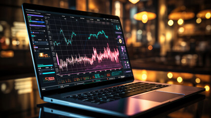 Stock market graph, Financial data on an electronic board on a laptop screen. Generative AI.
