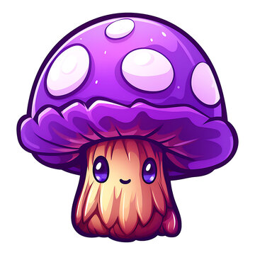 cute kawaii smiling purple mushroom sticker clipart transparent background illustration