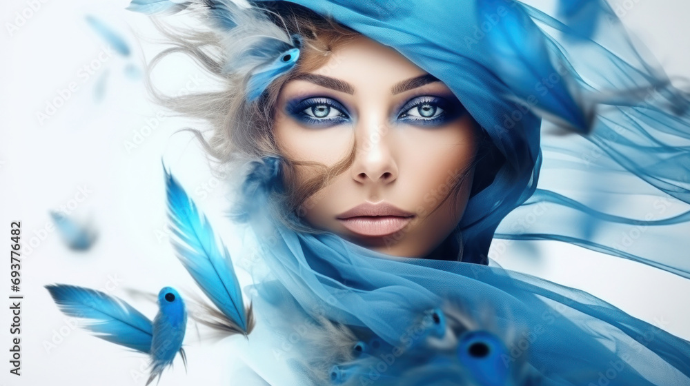 Poster Double exposure of fashion Arabian woman with blue eyes and flying bird. Beautiful female portrait