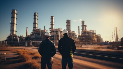 Obraz premium Engineer team talking on gas power plant background. Generative AI.