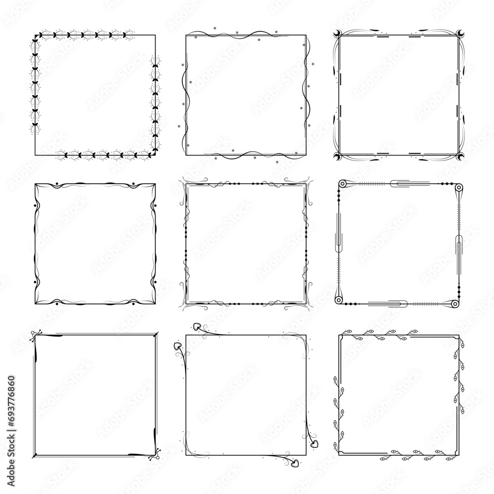 Poster set black simple line frame collection doodle square floral frame elements vector design style sketc