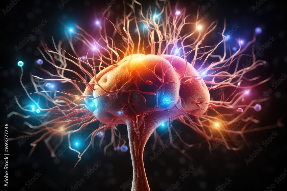 Aufkleber brain with colorful neurons lights minimalist on black background. generative ai.