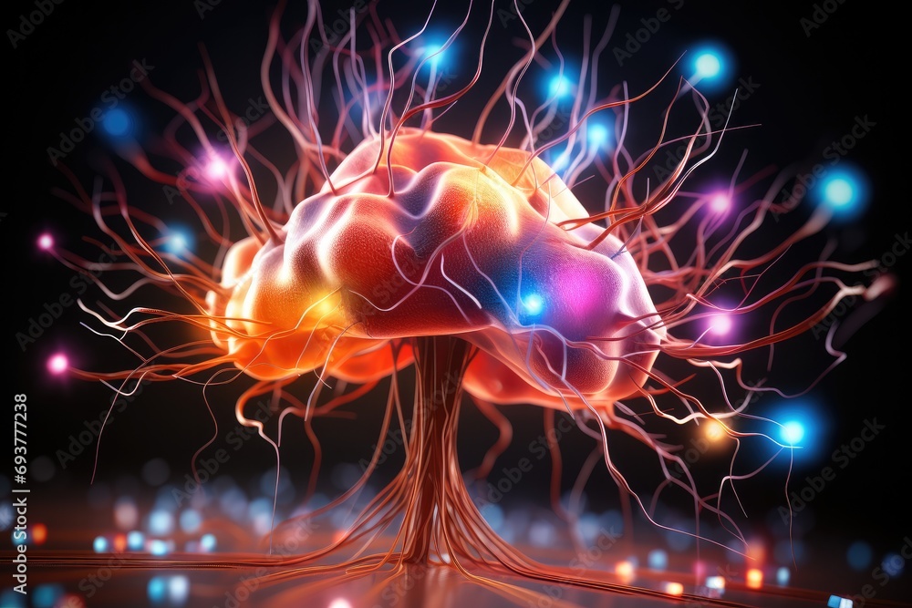 Aufkleber brain with colorful neurons lights minimalist on black background. generative ai.
