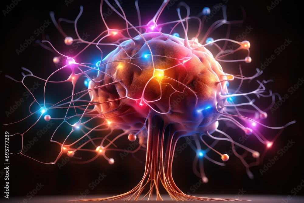 Aufkleber brain with colorful neurons lights minimalist on black background. generative ai.