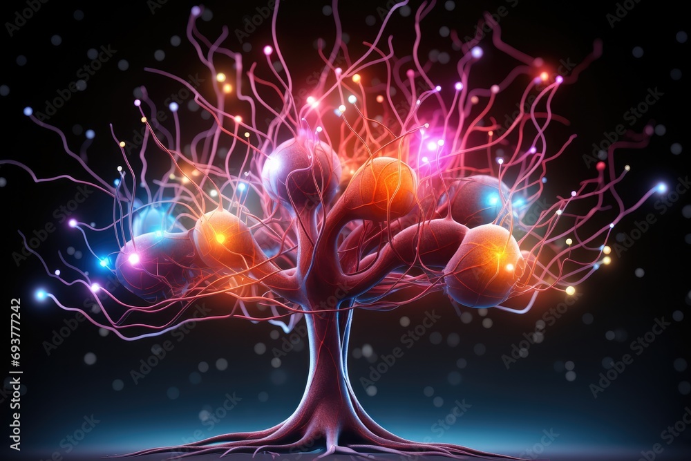 Aufkleber brain with colorful neurons lights minimalist on black background. generative ai.