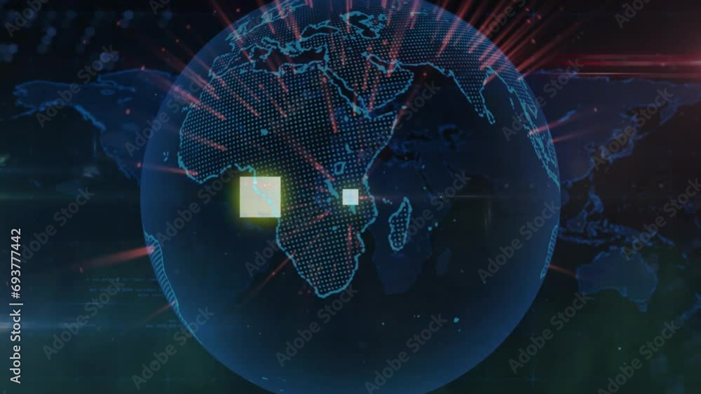 Poster animation of shapes over globe and world map on black background