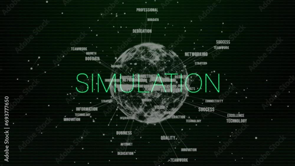 Poster animation of interference over simulation text with globe and connections on black background