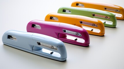 a lively, colorful stapler set against a neutral white backdrop, depicting the harmony of its colors and the functionality it represents. - obrazy, fototapety, plakaty