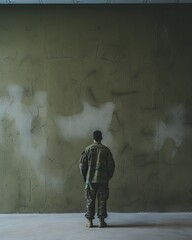 soldier in camouflage uniform infront of a wall