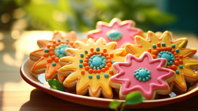 Colorful summer cookies in the shape of sun and flowers
