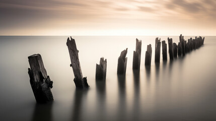 Wood posts in twilight landscape like ethereal sculptures, long exposure shot