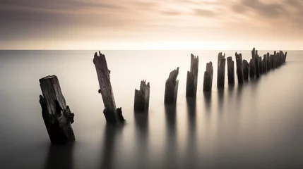 Fototapeten Wood posts in twilight landscape like ethereal sculptures, long exposure shot © Keitma