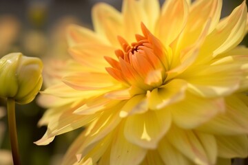Closeup of bright blooming yellow dahlia flower growing in garden over blurred background on sunny day. generative ai.