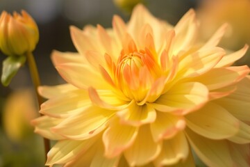 Closeup of bright blooming yellow dahlia flower growing in garden over blurred background on sunny day. generative ai.